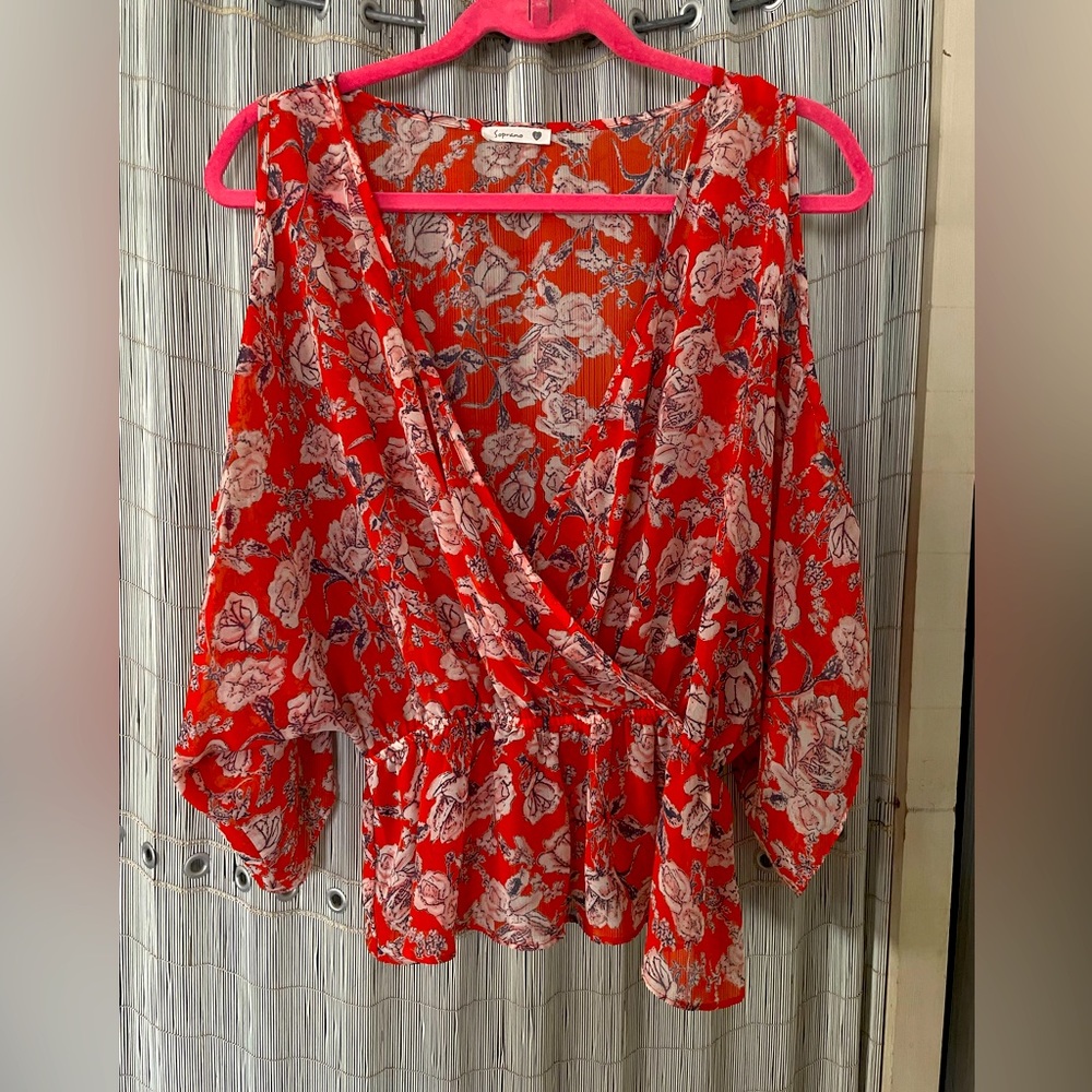 Size Medium, Brand: Soprano, Sheer, Low V-Neck, elastic waist, open sleeves